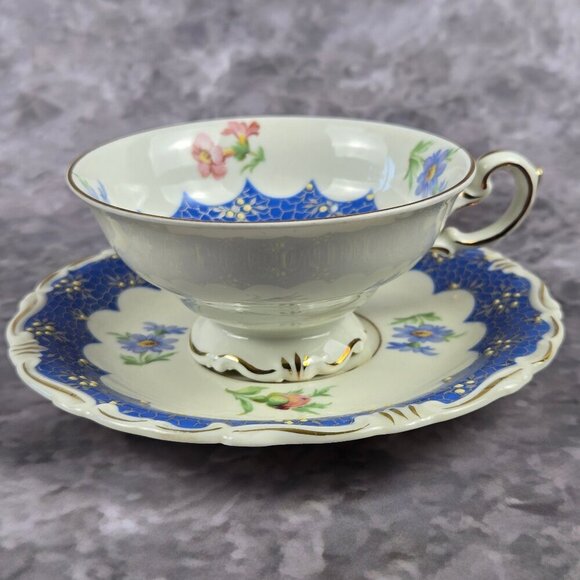Vintage Kunst Kronsch Florenz Set of 4 Cups Saucers Blue White Gold Bavaria 1950 - Picture 3 of 15